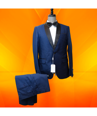 Costume Pour Hommes, 2 Pièces Coupe Slim-Bleu nuit avec col châle noir, 2 Boutons