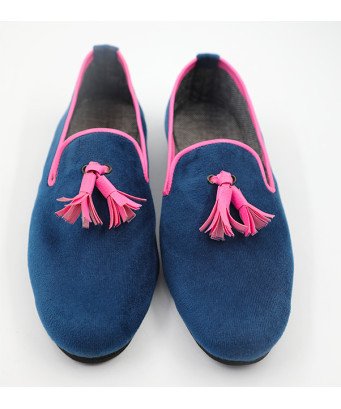 slippers en Velours Lisse / couleur bleu / avec pompon et contour rose