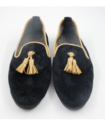 slippers en Velours Lisse / couleur noir / avec pompon et contour  jaune or