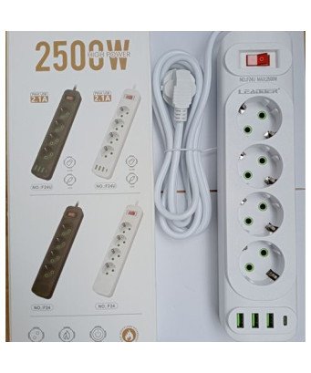 Rallonge 2M/Leader multiprises avec 4 prises normal/3 port Usb et 1 Port TipC/2500W
