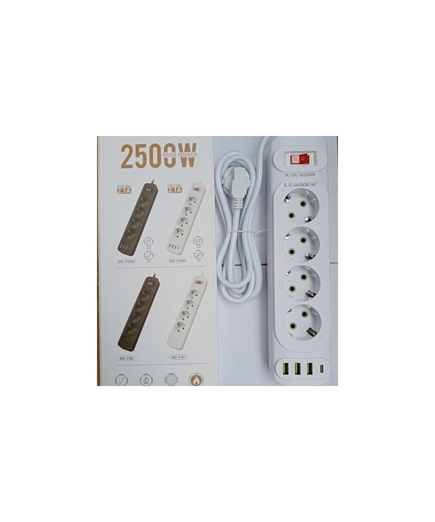 Rallonge 2M/Leader multiprises avec 4 prises normal/3 port Usb et 1 Port TipC/2500W