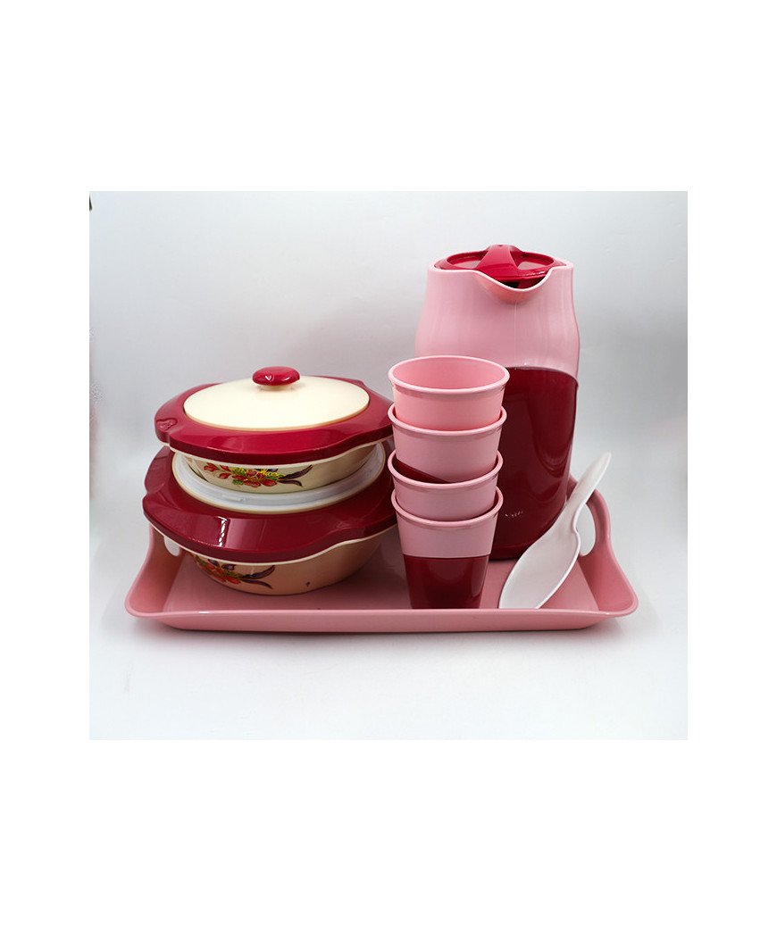 Service de table , carafe, 4 gobelets, un plateau et une cuillère de service en plastique