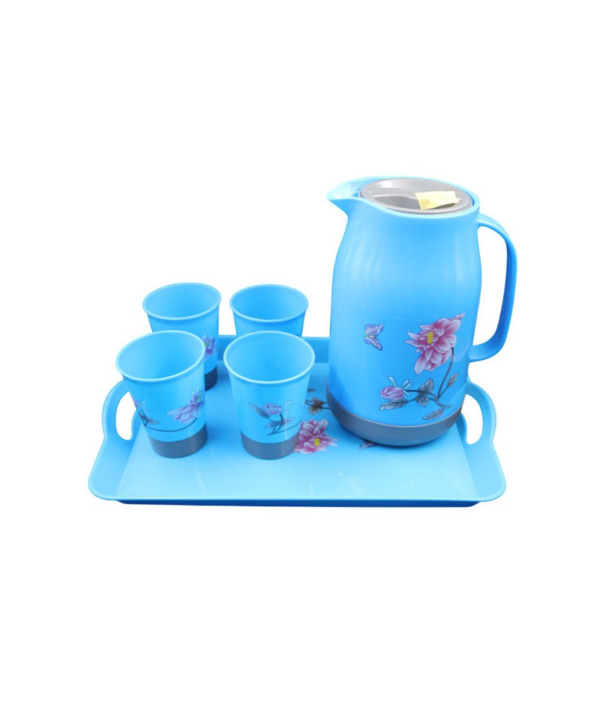 KIT de table carafe, plateau, 4 gobelets en plastique