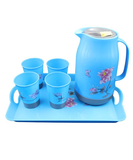 KIT de table carafe, plateau, 4 gobelets en plastique