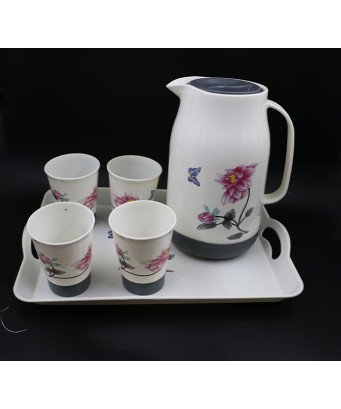 KIT de table carafe, plateau et 4 gobelets en plastique blanc fleuri