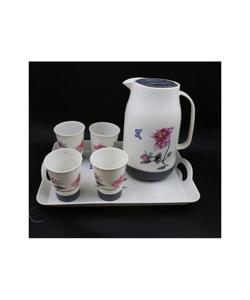 KIT de table carafe, plateau et 4 gobelets en plastique blanc fleuri