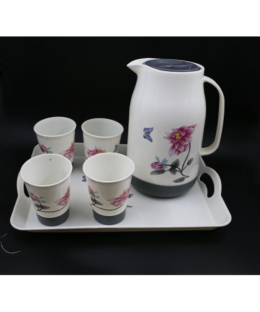 KIT de table carafe, plateau et 4 gobelets en plastique blanc fleuri