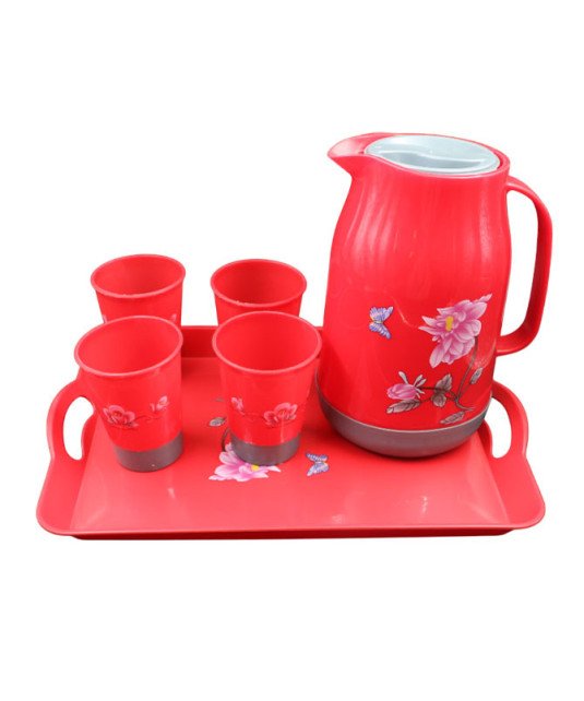 KIT de table carafe, plateau, 4 gobelets en plastique rouge fleuri