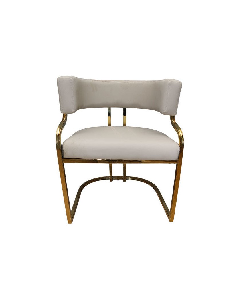 Chaise design avec structure dorée et assise rembourrée.