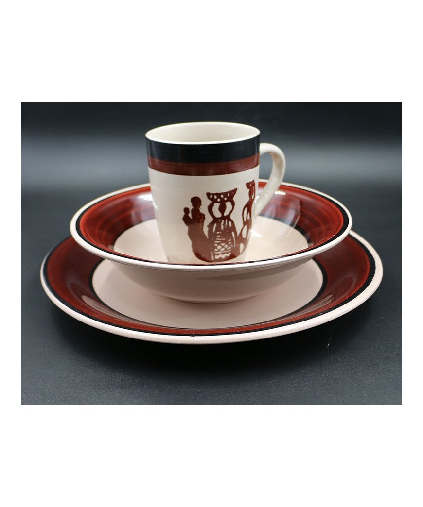 Service de table / assiette bol et tasse marron avec motifs 3en 1