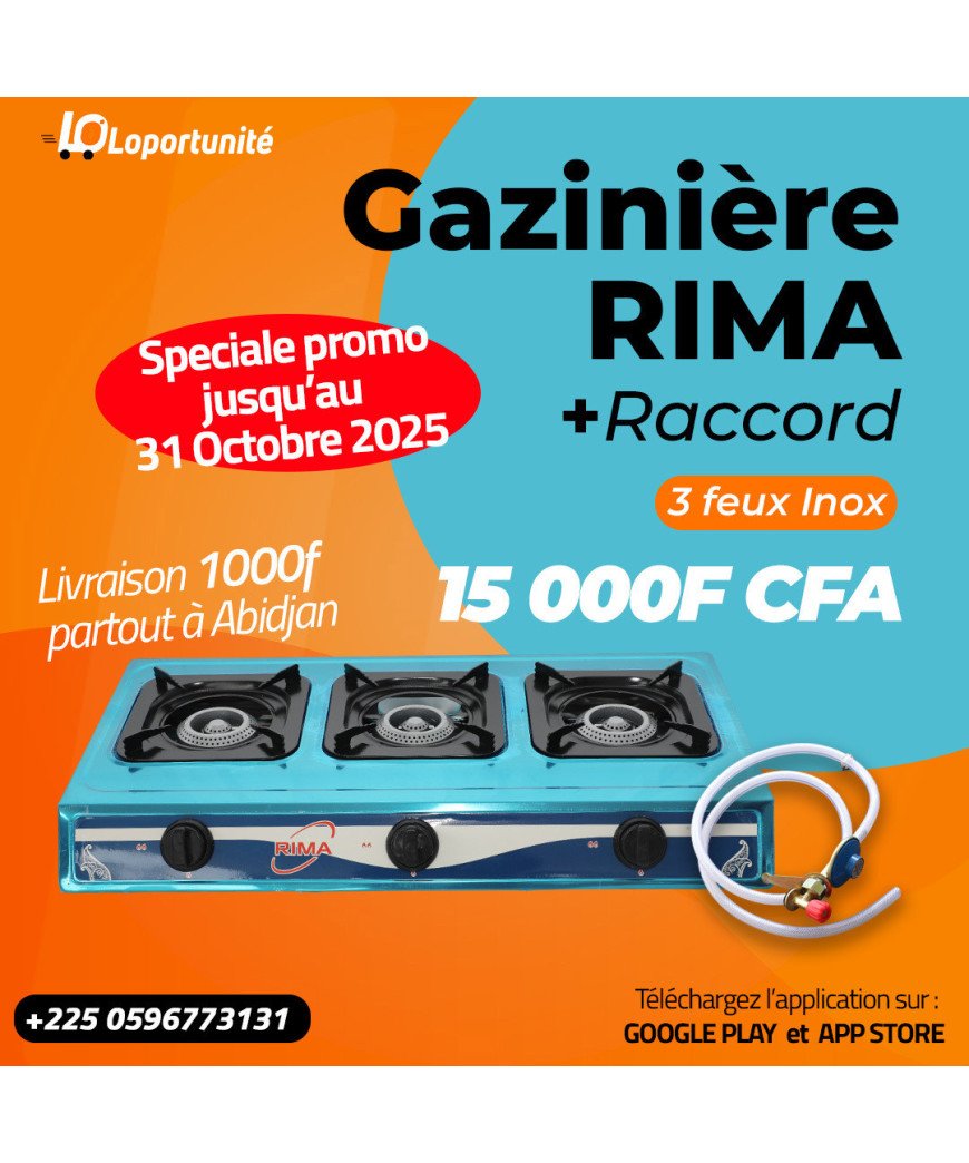 Gazinière 3 feux inox Rima +raccord Mixte