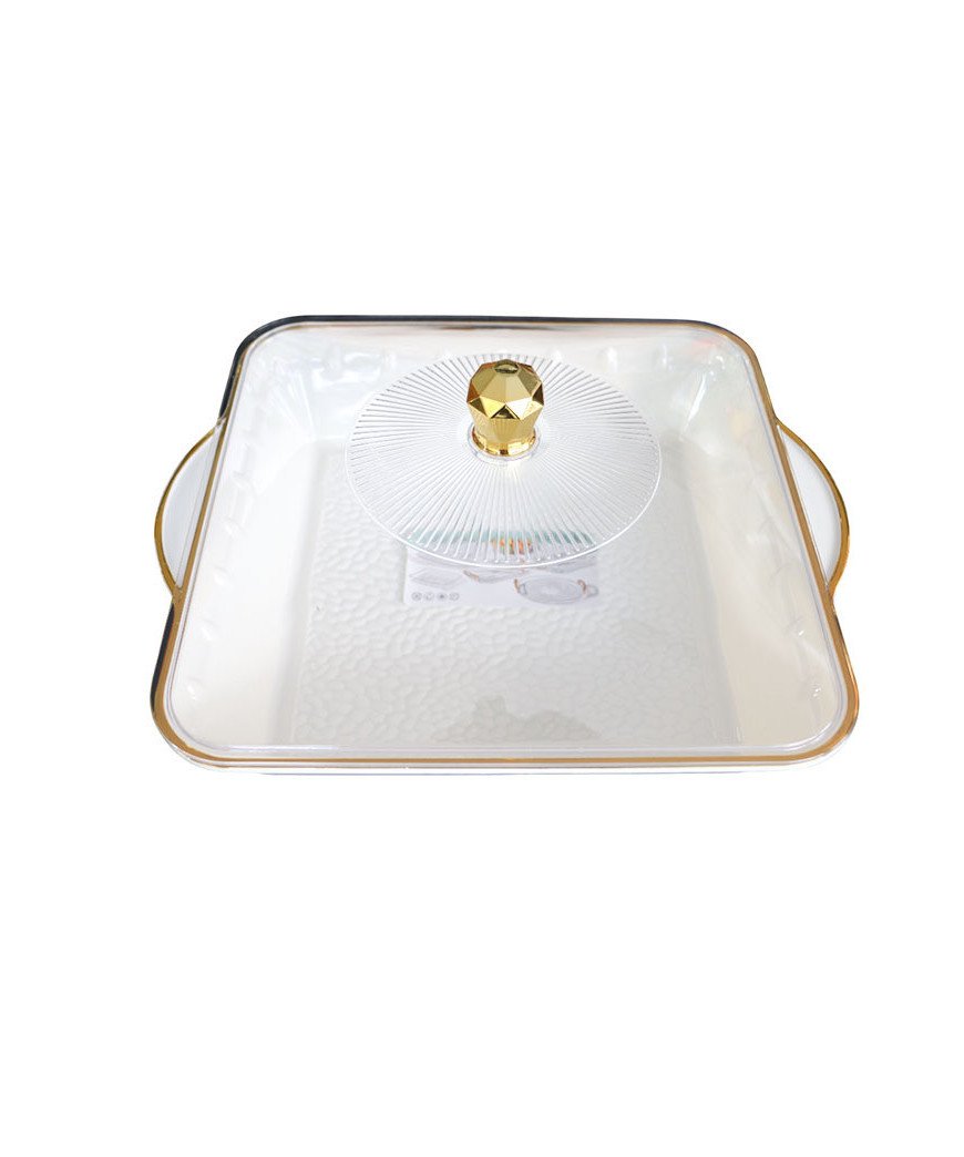 Assiette à friandises carré/Mélamine /couvercle transparent bordure doré