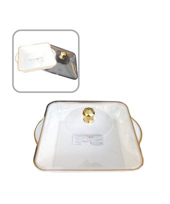 Assiette à friandises carré/Mélamine /couvercle transparent bordure doré