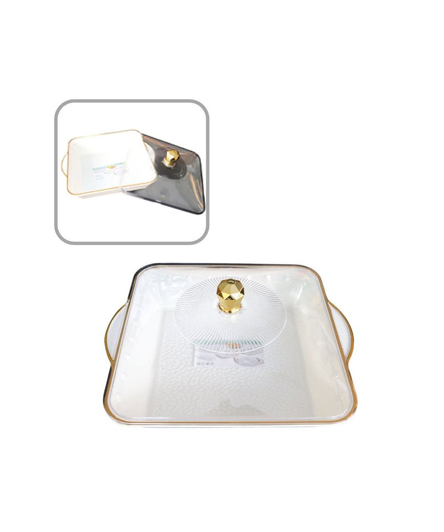 Assiette à friandises carré/Mélamine /couvercle transparent bordure doré