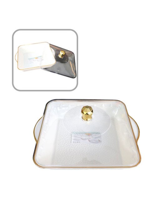 Assiette à friandises carré/Mélamine /couvercle transparent bordure doré