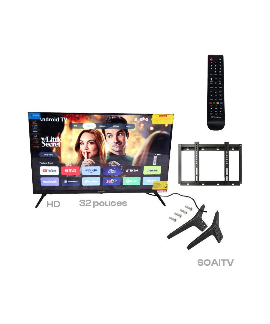 Télévision 32 pouces /Soaitv Android/support mural/télécommandes