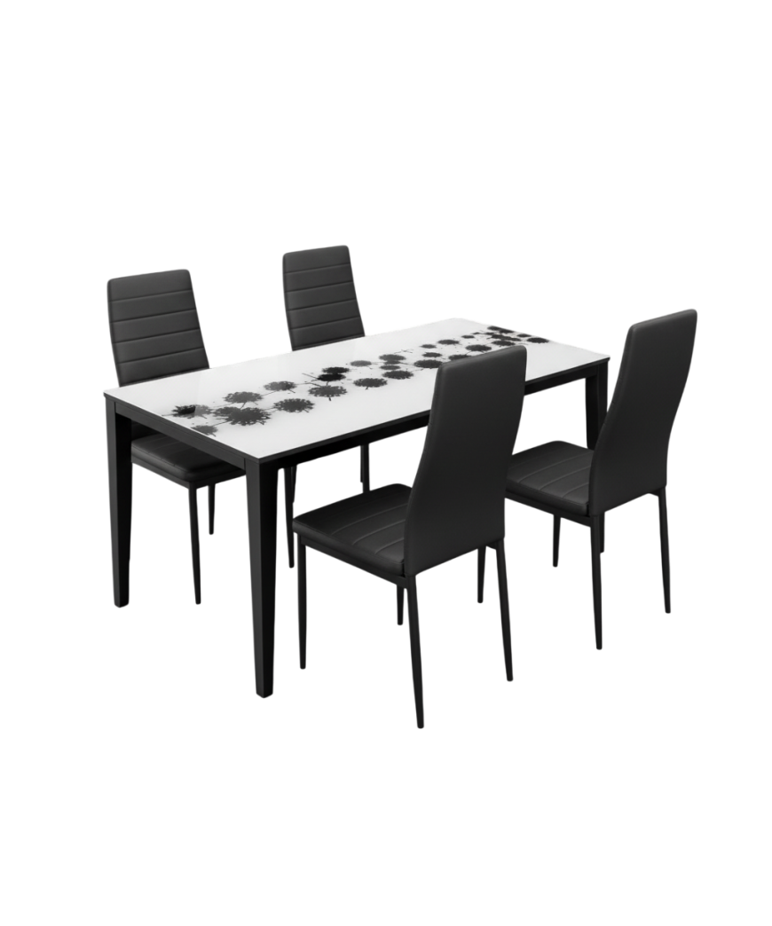 Table à Manger vitré Blanc à motifs fleurs noir centré  + 4 chaises Noir/143*82 cm