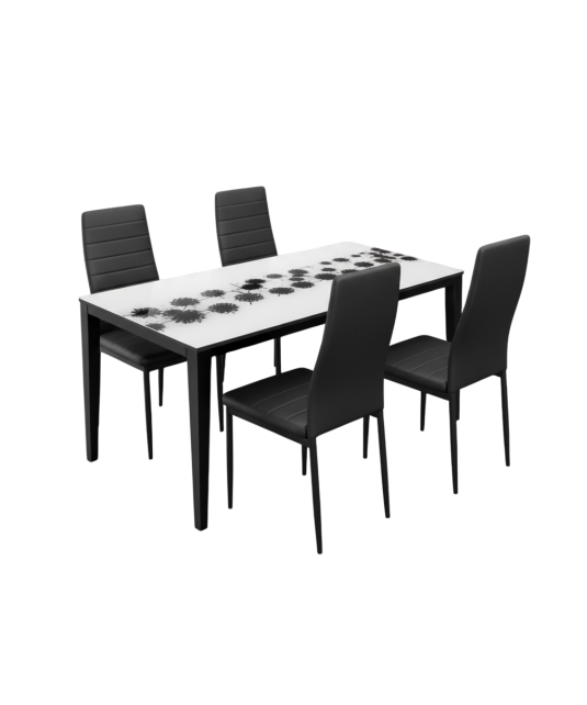 Table à Manger vitré Blanc à motifs fleurs noir centré  + 4 chaises Noir/143*82 cm