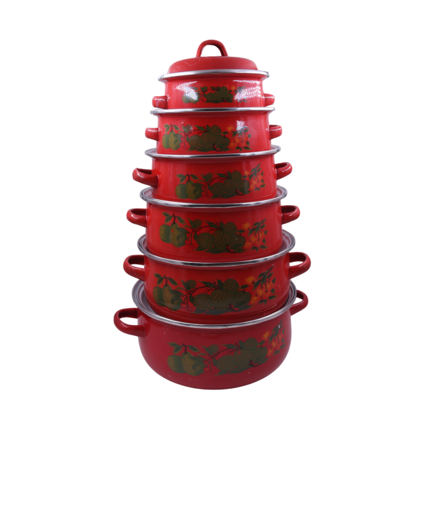 Set de 6 lot de soupière en email de fonte rouge fleuri