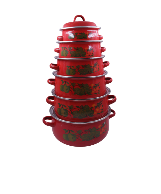 Set de 6 lot de soupière en email de fonte rouge fleuri