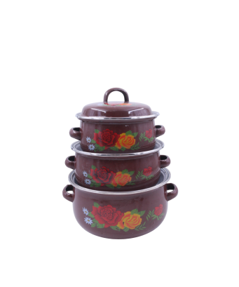Set de 3 lot de soupière en email de fonte/Marron fleuri