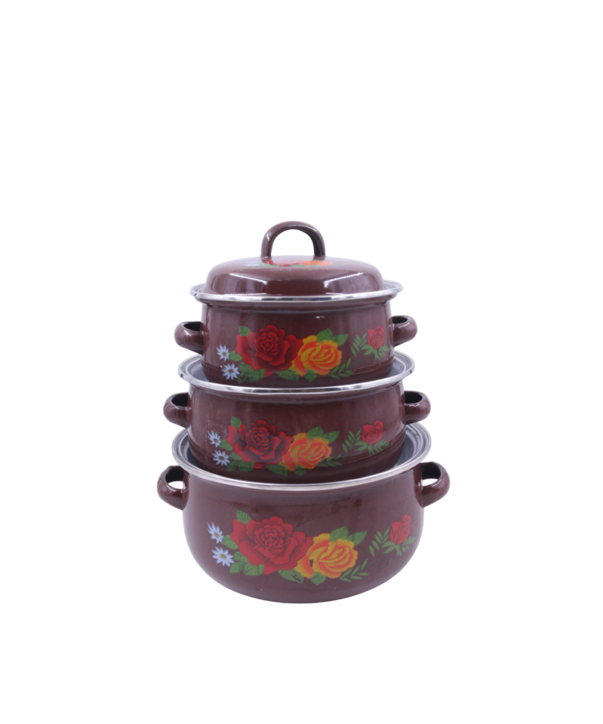 Set de 3 lot de soupière en email de fonte/Marron fleuri