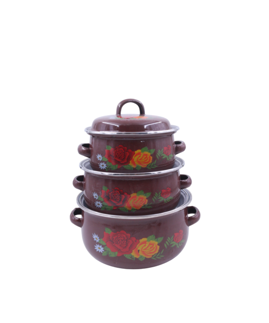 Set de 3 lot de soupière en email de fonte/Marron fleuri