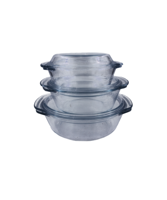 Set de 3 lot de soupière en verre transparent  cassable avec couvercle //0,7L/1L/1,5L