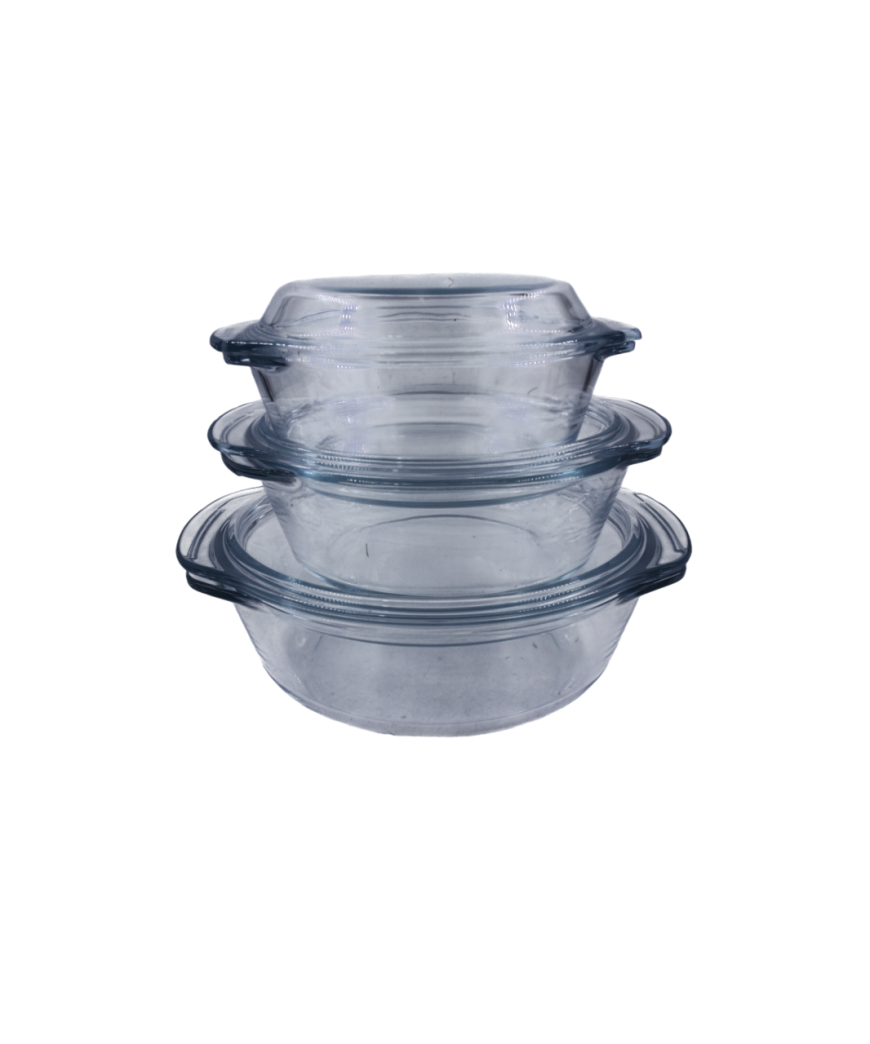 Set de 3 lot de soupière en verre transparent  cassable avec couvercle //0,7L/1L/1,5L