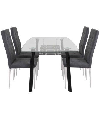 Table à Manger Vitré Transparent  + 4 Chaises couleur gris foncé/1M30X80X76CM