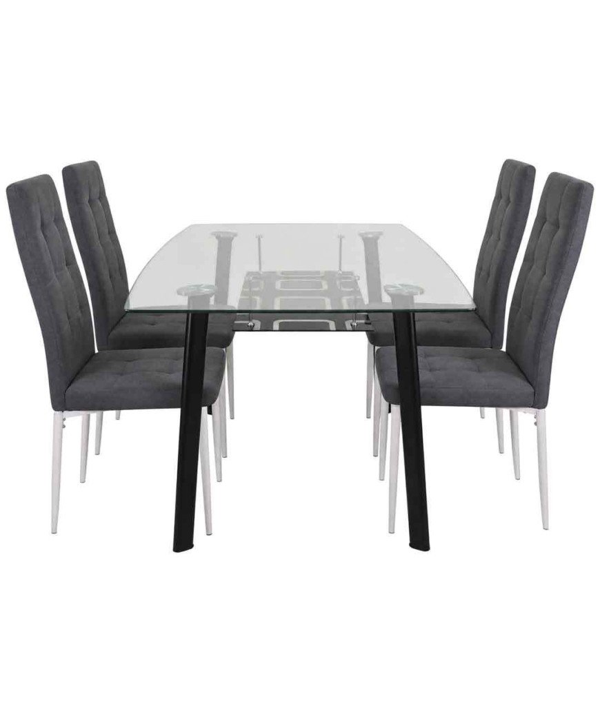 Table à Manger Vitré Transparent  + 4 Chaises couleur gris foncé/1M30X80X76CM