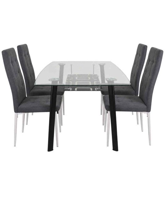 Table à Manger Vitré Transparent  + 4 Chaises couleur gris foncé/1M30X80X76CM