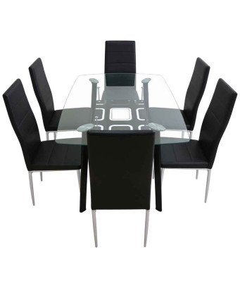 Table à Manger Vitré Transparent  + 6 Chaises couleur NOIR/1M50X90X76CM