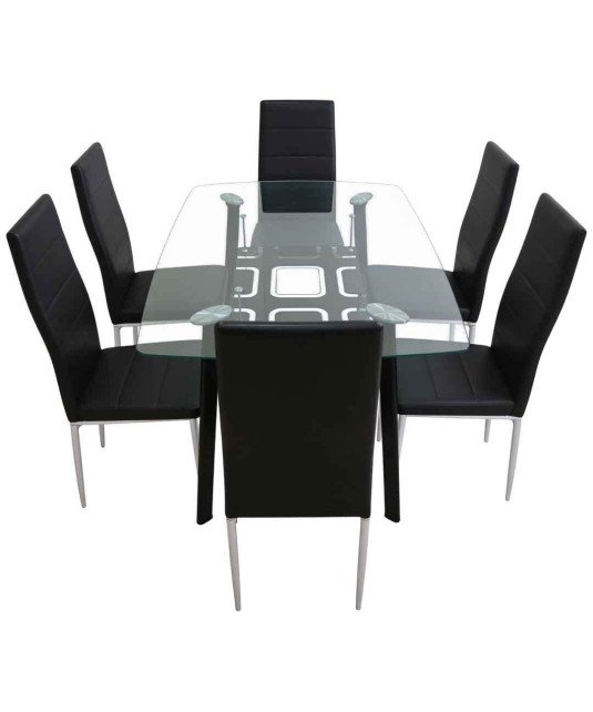 Table à Manger Vitré Transparent  + 6 Chaises couleur NOIR/1M50X90X76CM