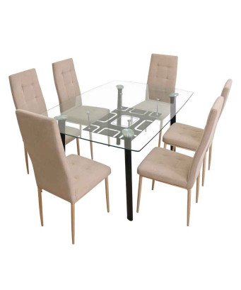 Table à Manger Vitré Transparent  + 6 Chaises couleur KAKI/1M50X90X76CM