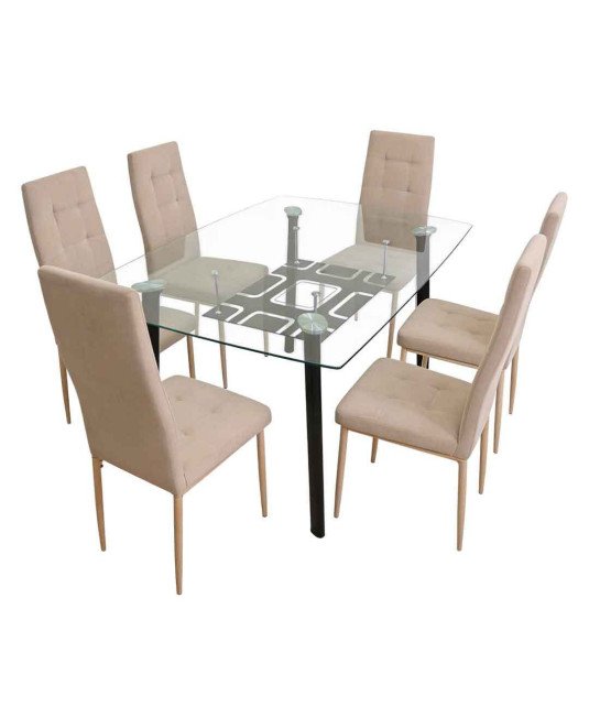 Table à Manger Vitré Transparent  + 6 Chaises couleur KAKI/1M50X90X76CM