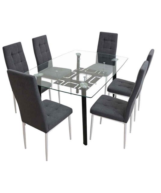 Table à Manger Vitré Transparent  + 6 Chaises couleur Gris /1M50X90X76CM