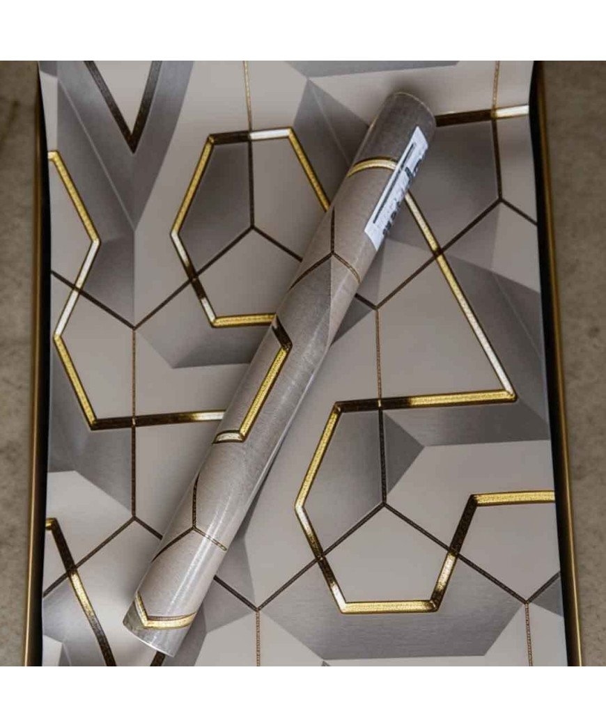 Papier Peint/Adhésif Mural/60Cm*10M/ Motif hexagones et de formes polygonales/Gris Blanc avec ligne dore