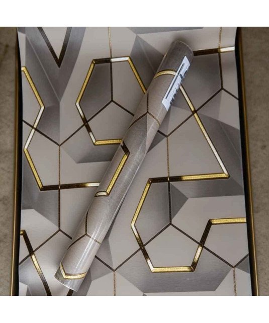 Papier Peint/Adhésif Mural/60Cm*10M/ Motif hexagones et de formes polygonales/Gris Blanc avec ligne dore