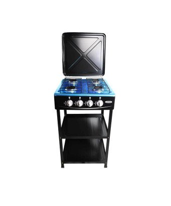 Gazinière 4 feux avec support de de rangement /Noir en Métal /Plateau inox