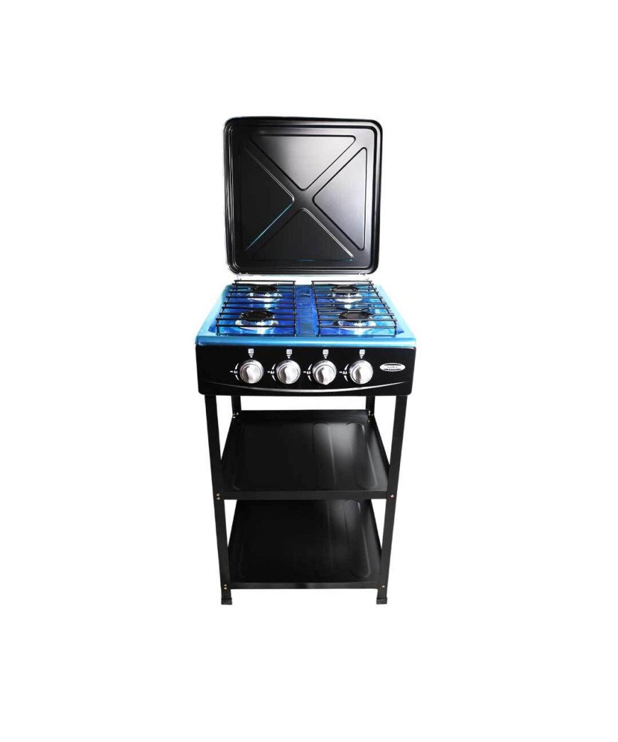 Gazinière 4 feux avec support de de rangement /Noir en Métal /Plateau inox