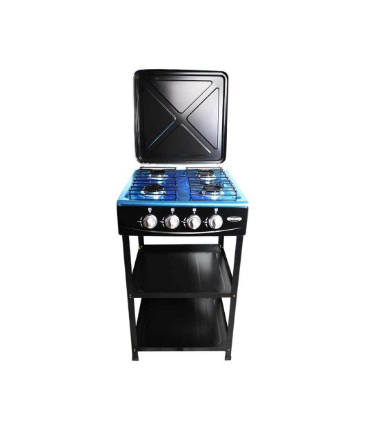 Gazinière 4 feux avec support de de rangement /Noir en Métal /Plateau inox