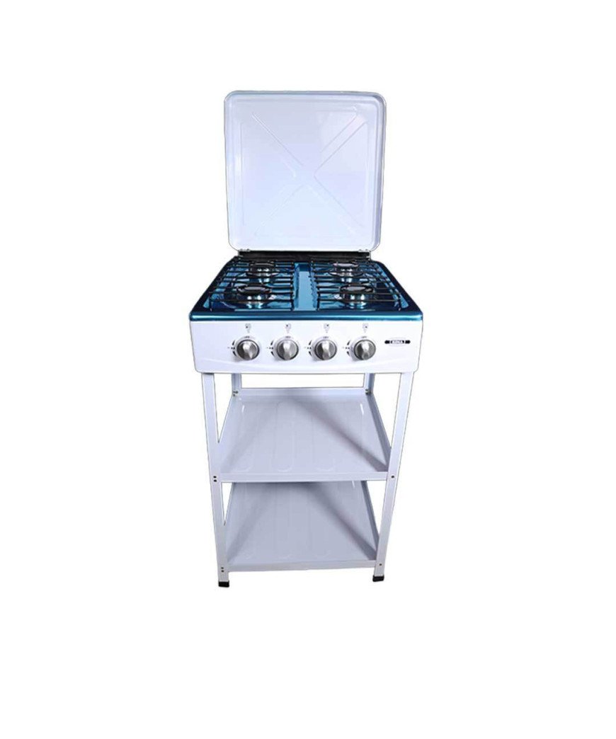 Gazinière 4 feux avec support de de rangement /Blanc en Métal /Plateau inox