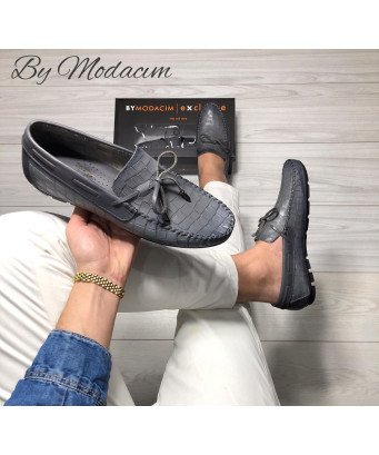 Mocassin en cuir/Gris effet Crocco/Model driver/by Modacim