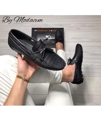 Mocassin en cuir/Noir effet Crocco/Model driver/by Modacim
