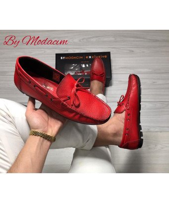Mocassin Cuir by Modacim/Rouge vif design lacet /super qualité