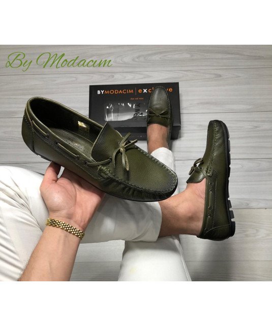 Mocassin Cuir by Modacim/Vert treillis foncé design lacet /super qualité