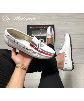 Mocassin Cuir by Modacim/Blanc finition tricolore design avec lacet /super qualité