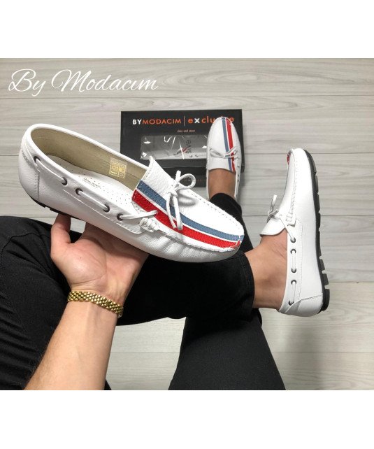 Mocassin Cuir by Modacim/Blanc finition tricolore design avec lacet /super qualité