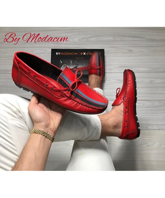 Mocassins en cuir /by Modacim/Rouge finition tricolore /Qualité supérieure /Model driver